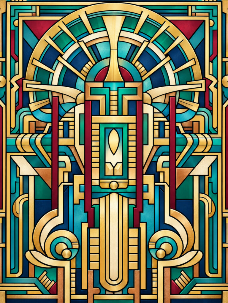 Colored Art Deco geometric stained glass illustration in teal, gold, red and navy