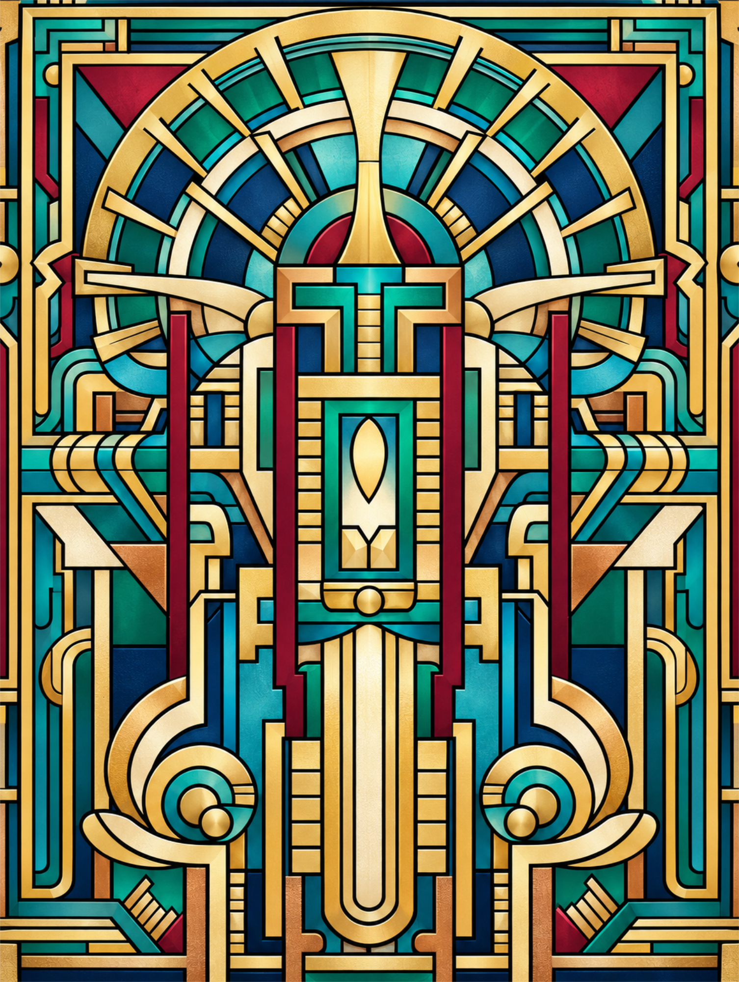 Colored Art Deco geometric stained glass illustration in teal, gold, red and navy