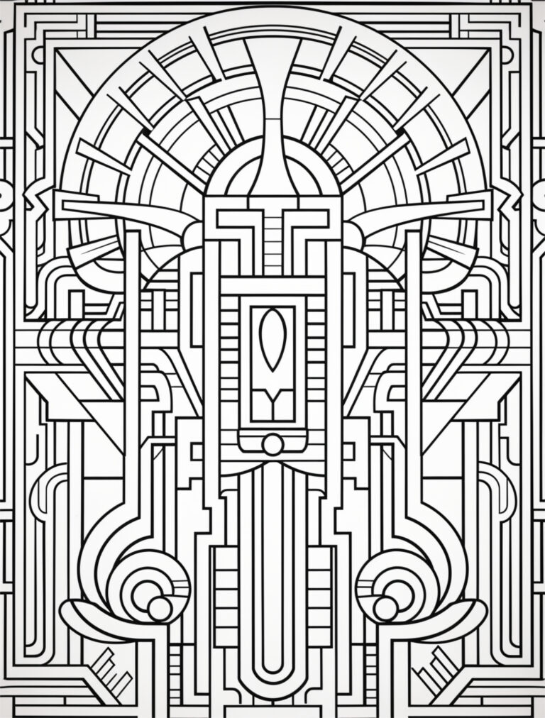 Black and white Art Deco geometric line art coloring page