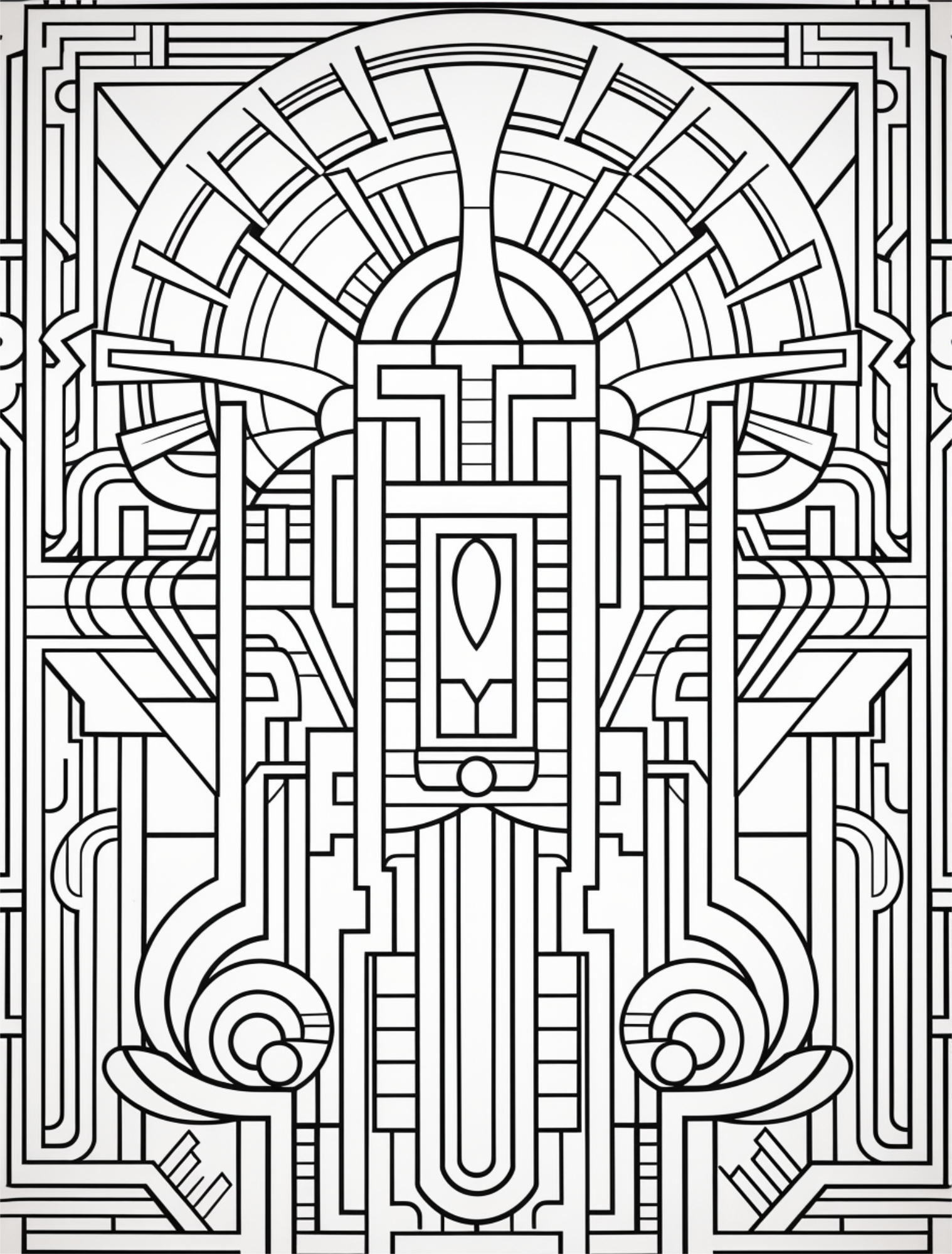 Black and white Art Deco geometric line art coloring page