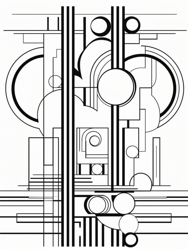 Black and white mid-century modern architecture line art coloring page