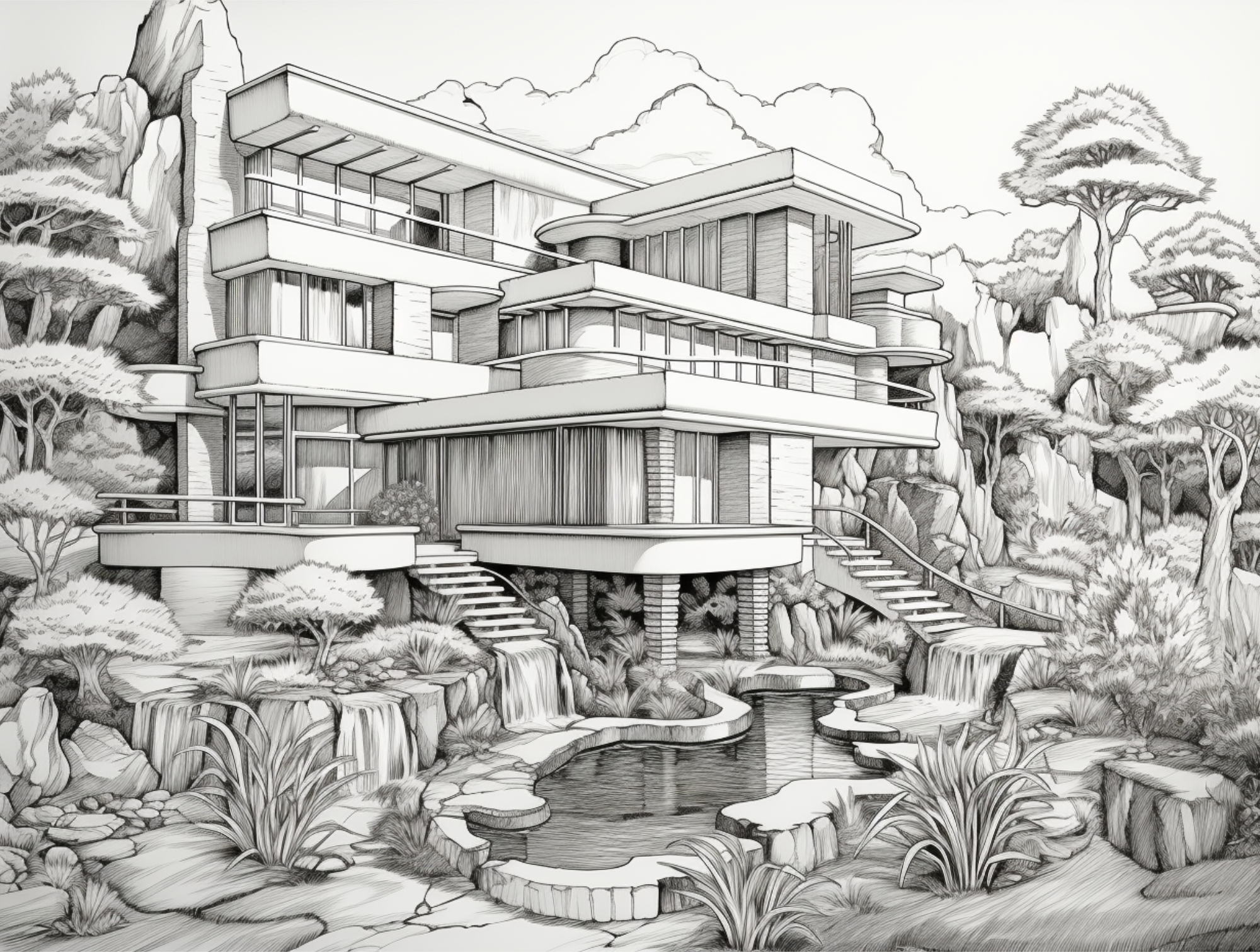 Black-and-white line-art architectural coloring page with modern house, garden and pool