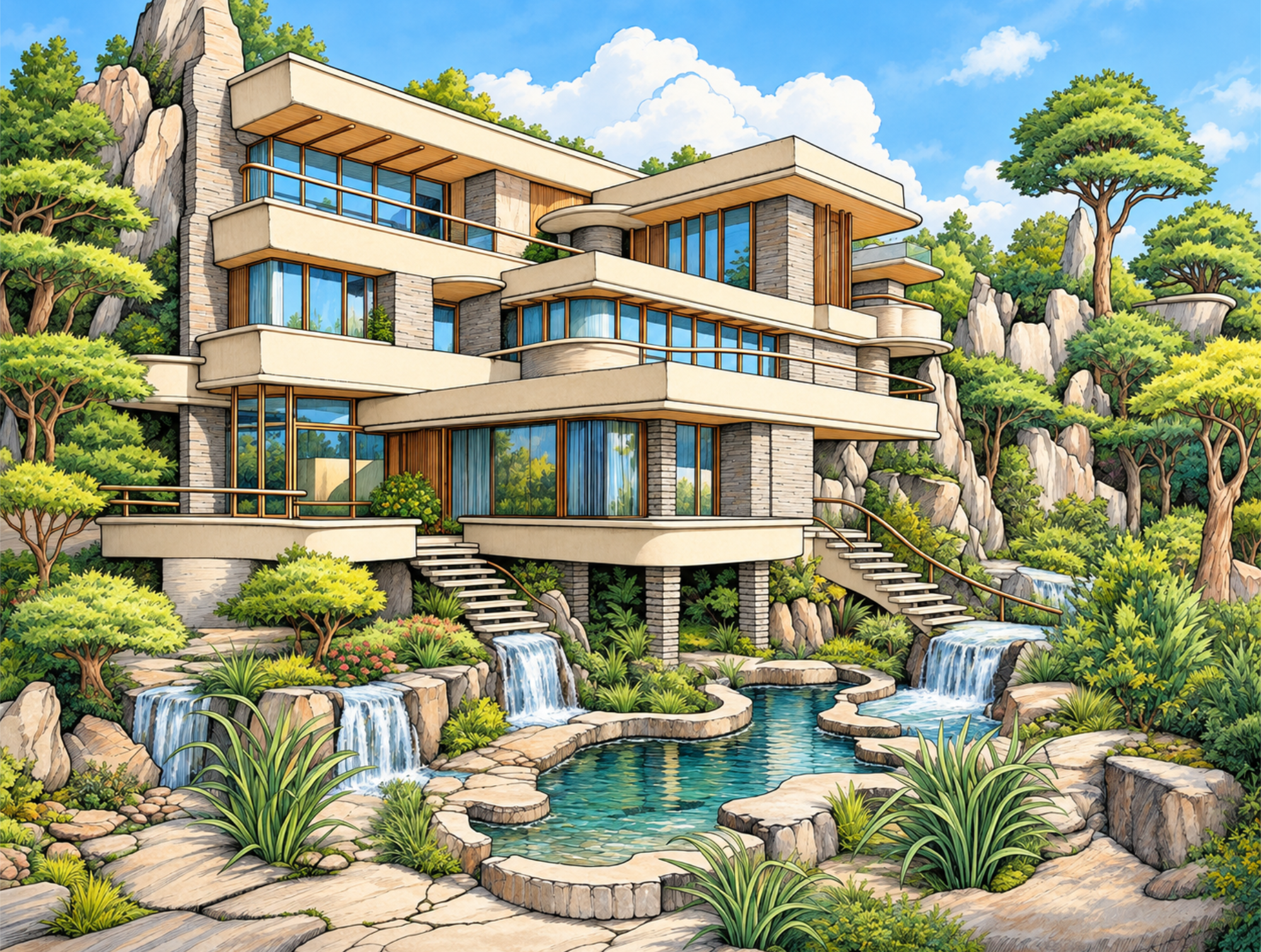 Colored architectural coloring page with modern house, garden and pool