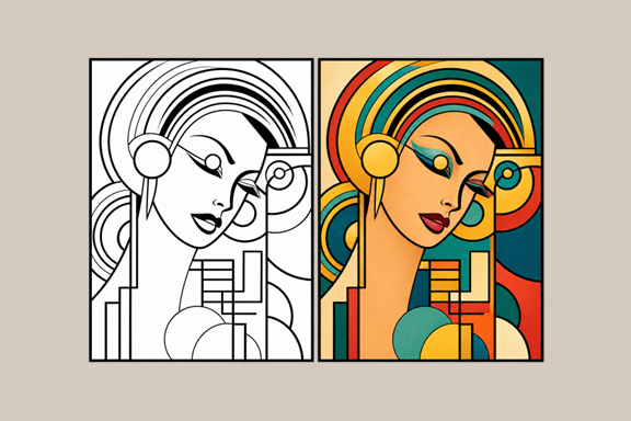 Art Deco portrait, black and white and colored