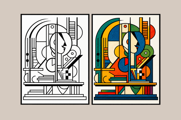 Geometric portrait, black and white and colored