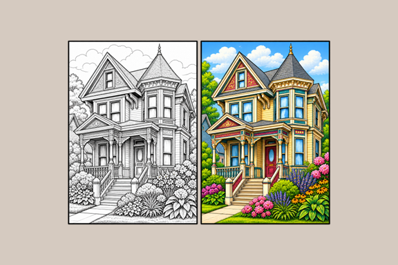 Victorian house, black and white and colored