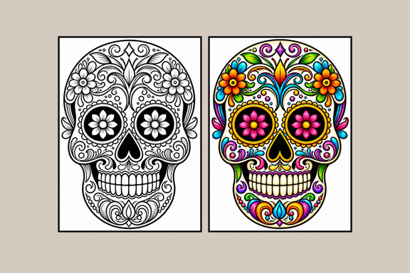 Floral sugar skull, black and white and colored
