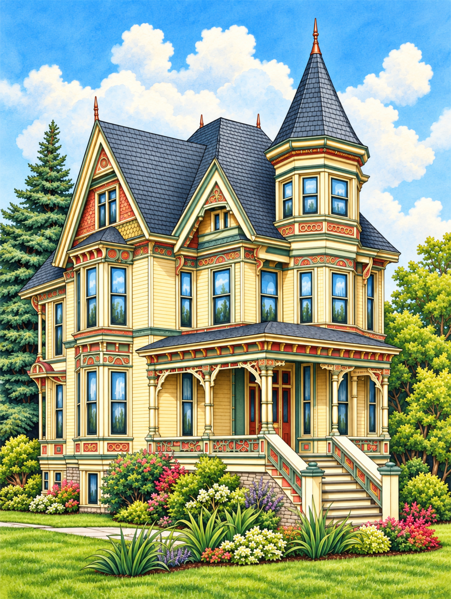 Colored Victorian house illustration with gardens and blue sky