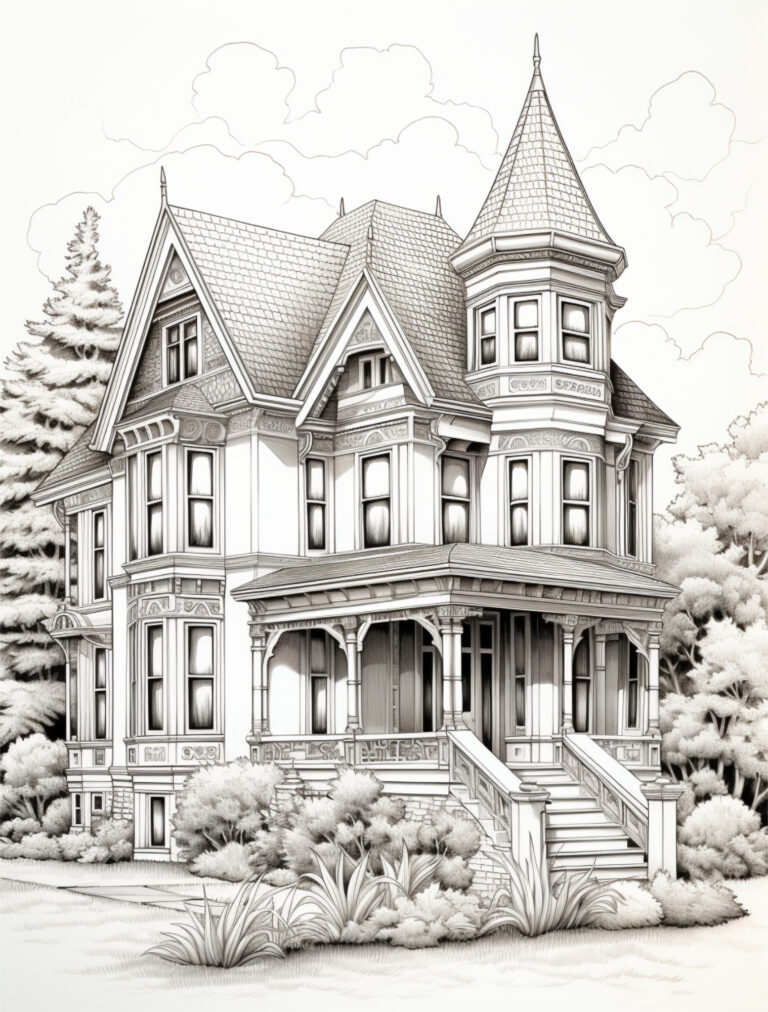 Black and white Victorian house line art for coloring