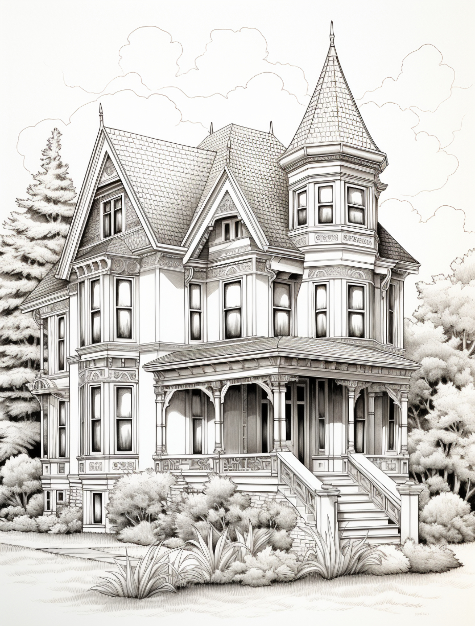 Black and white Victorian house line art for coloring